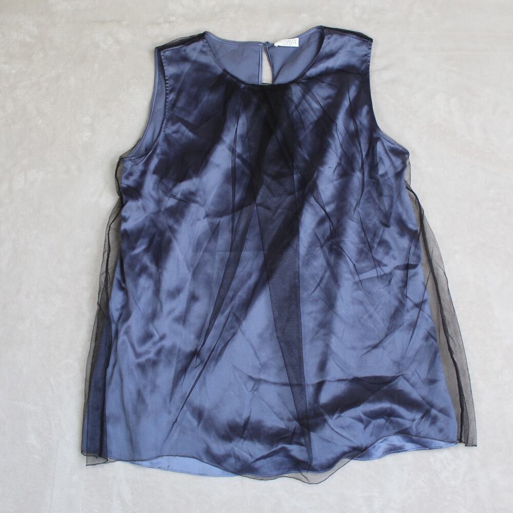 Brunello Cucinelli Blouse Womens XXL Blue Black Sheer Tulle Layered Top Italy